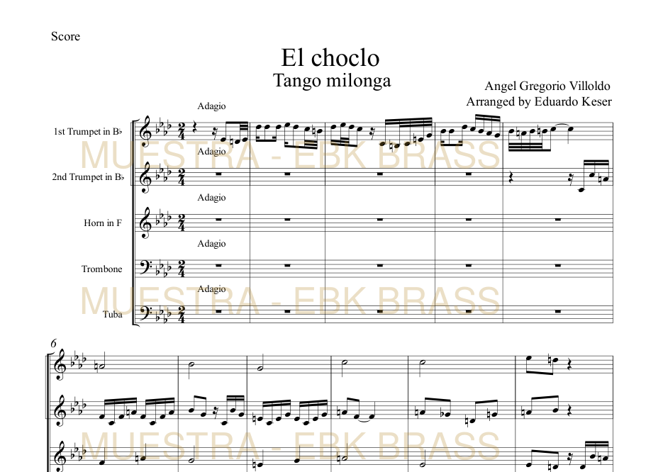 Primera página de El choclo para quinteto de metales (muestra)